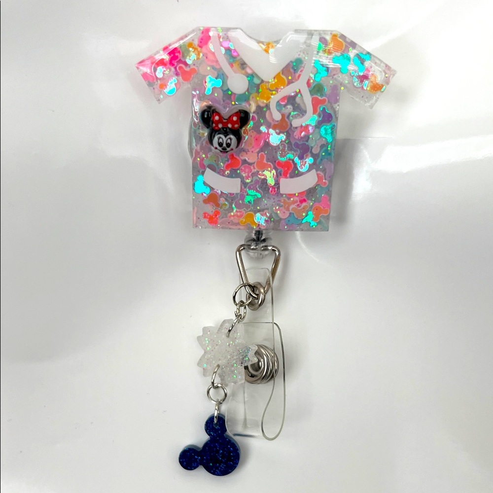 New Minnie Mouse Glittery Badge Reel with cute charms with Mickey Mouse glitter